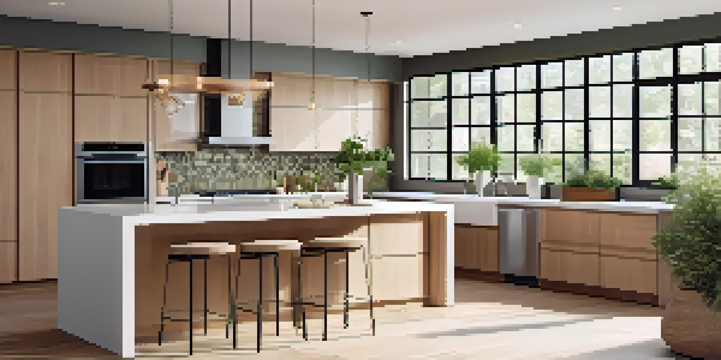 A modern kitchen with elegant cabinetry, an island, and natural light coming through a large window.