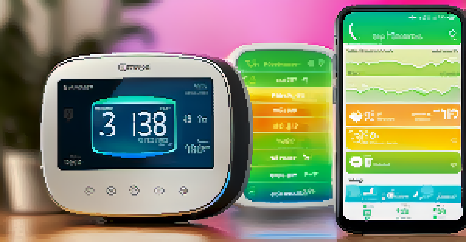 A close-up of a smartphone showing a smart thermostat app interface with temperature settings and energy usage analytics.