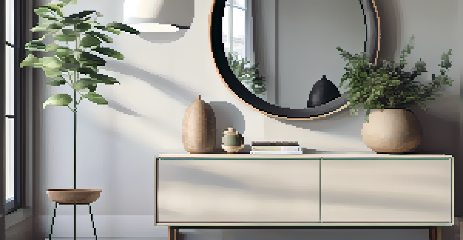 A modern entryway with a round mirror and a minimalist console table, illuminated by natural light from a window.