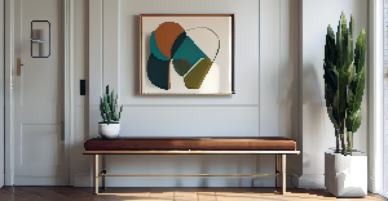 A modern entryway with warm lighting, showcasing a decorative key holder and wall sculpture.