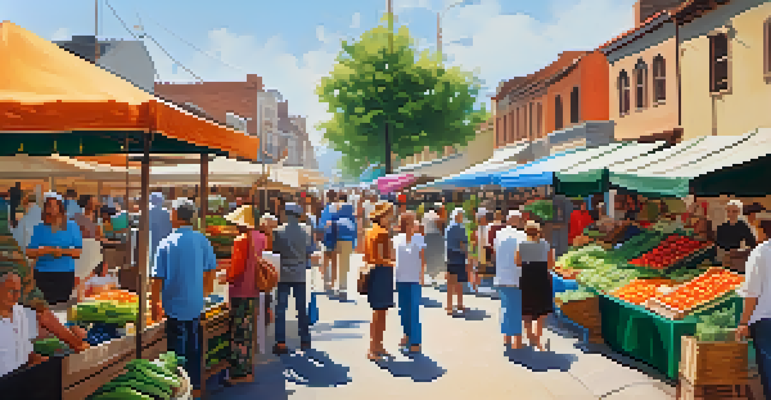 A busy local market scene with stalls of fresh produce and people engaging in shopping and socializing.