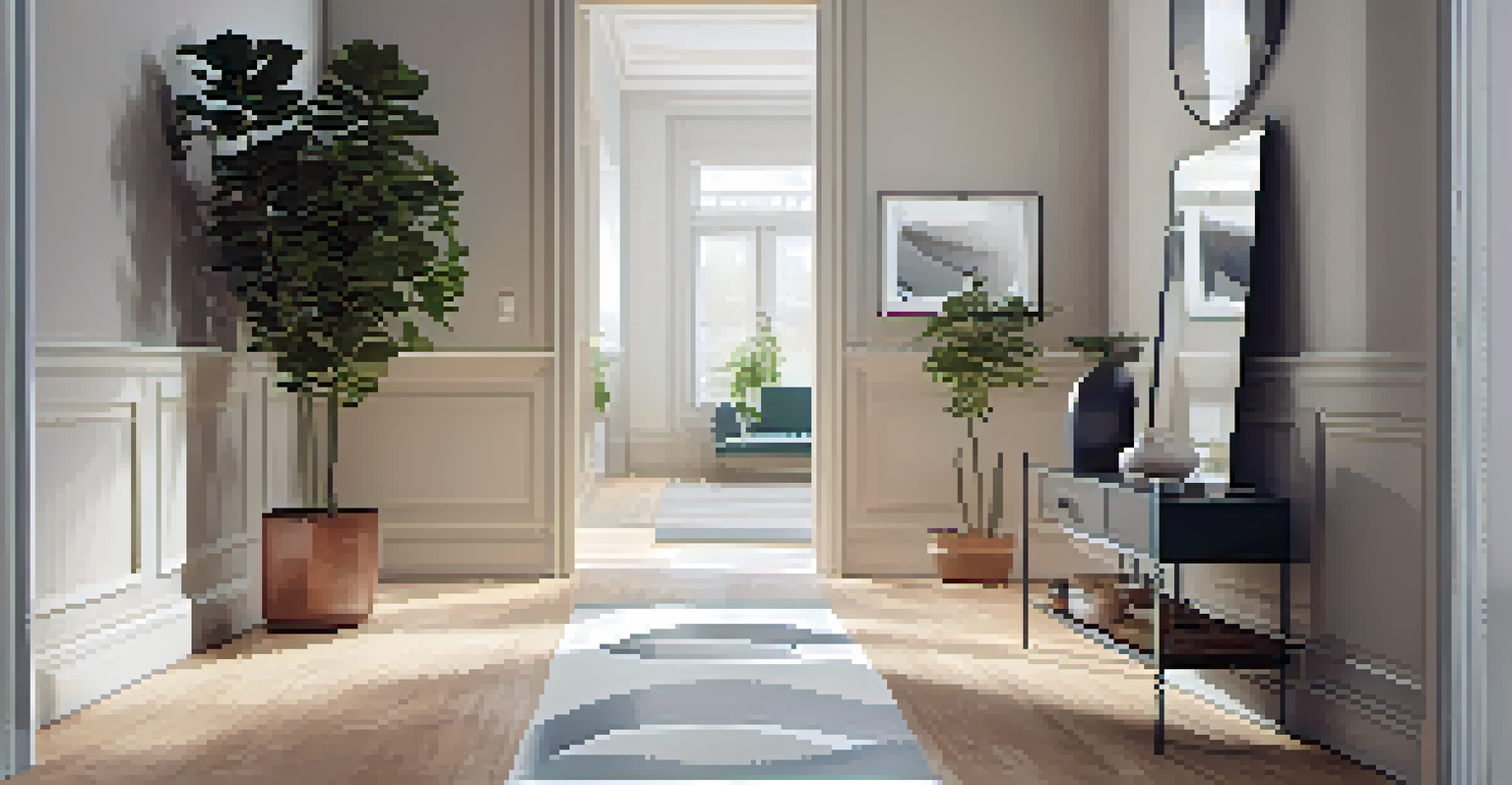 A small hallway with a modern mirror reflecting light, light-colored walls, and a potted plant.