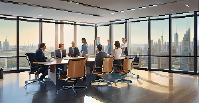 A diverse management team discussing strategies in a modern office with charts and documents on a conference table.