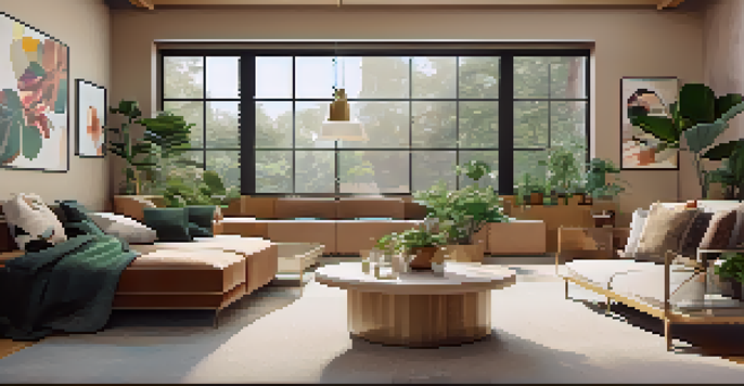 A modern living room with large windows, a cozy sofa, and a virtual reality headset on the coffee table, featuring a warm color palette with green plants.