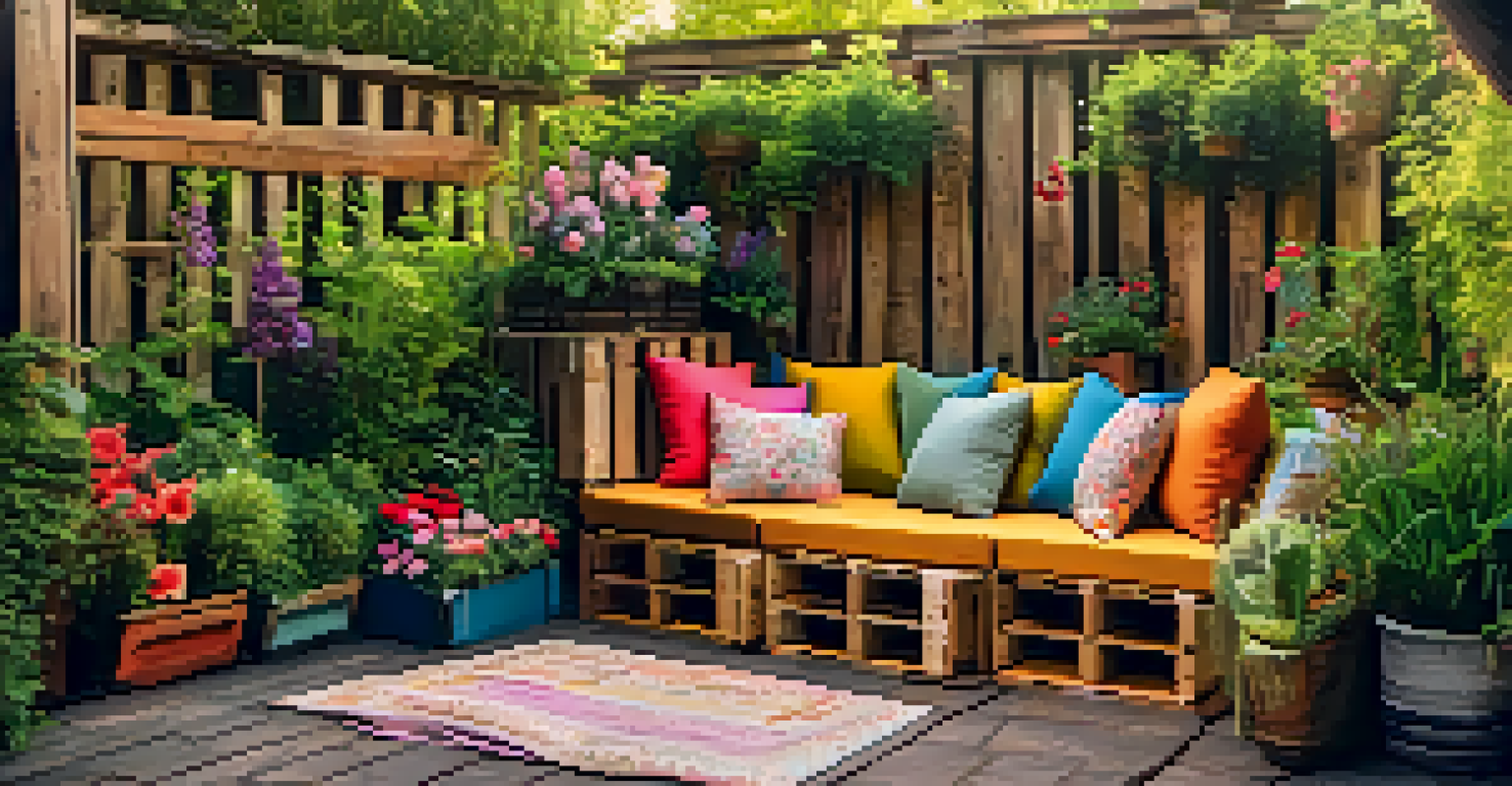 A garden seating area with colorful furniture made from wooden crates and pallets, surrounded by plants and flowers in soft golden light.