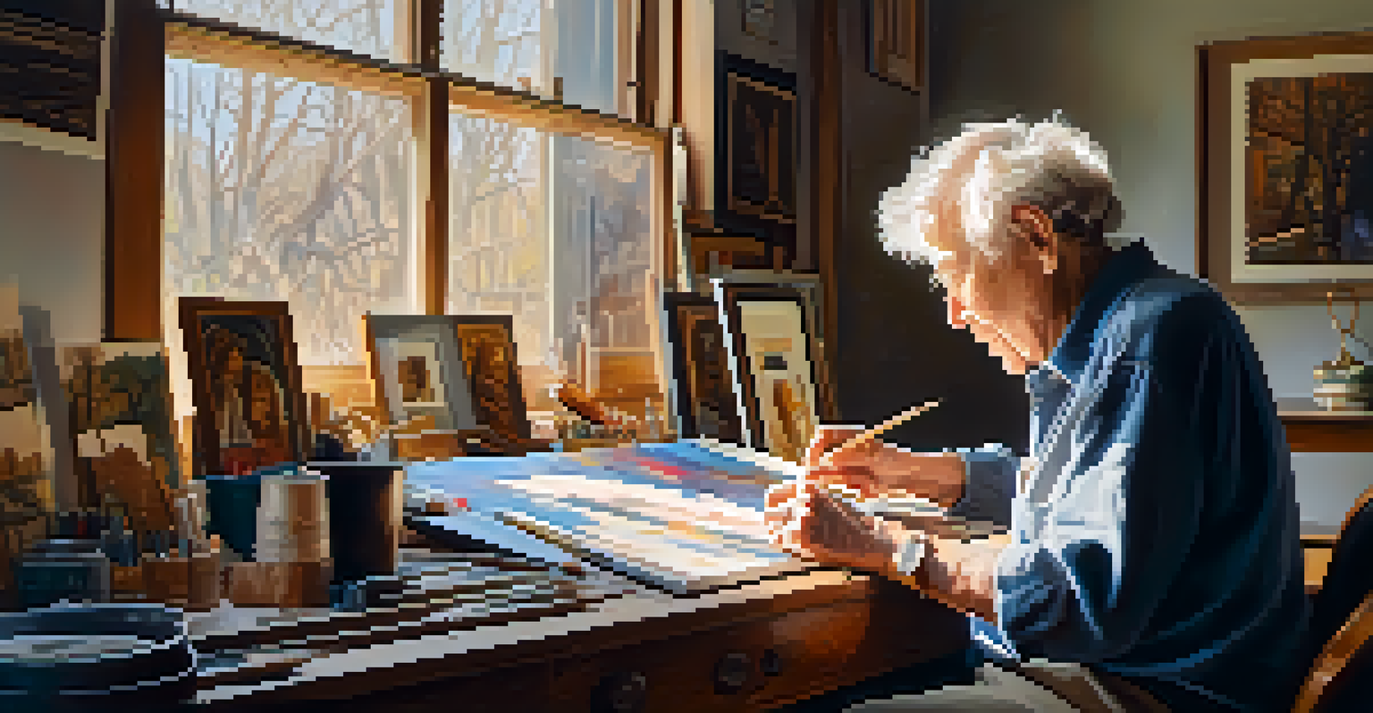 An elderly artist painting in their studio with warm light and colorful artwork around.