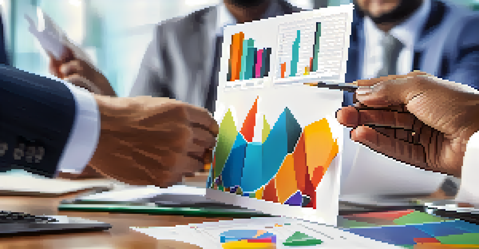A close-up of diverse hands holding colorful charts and graphs in a collaborative office setting.