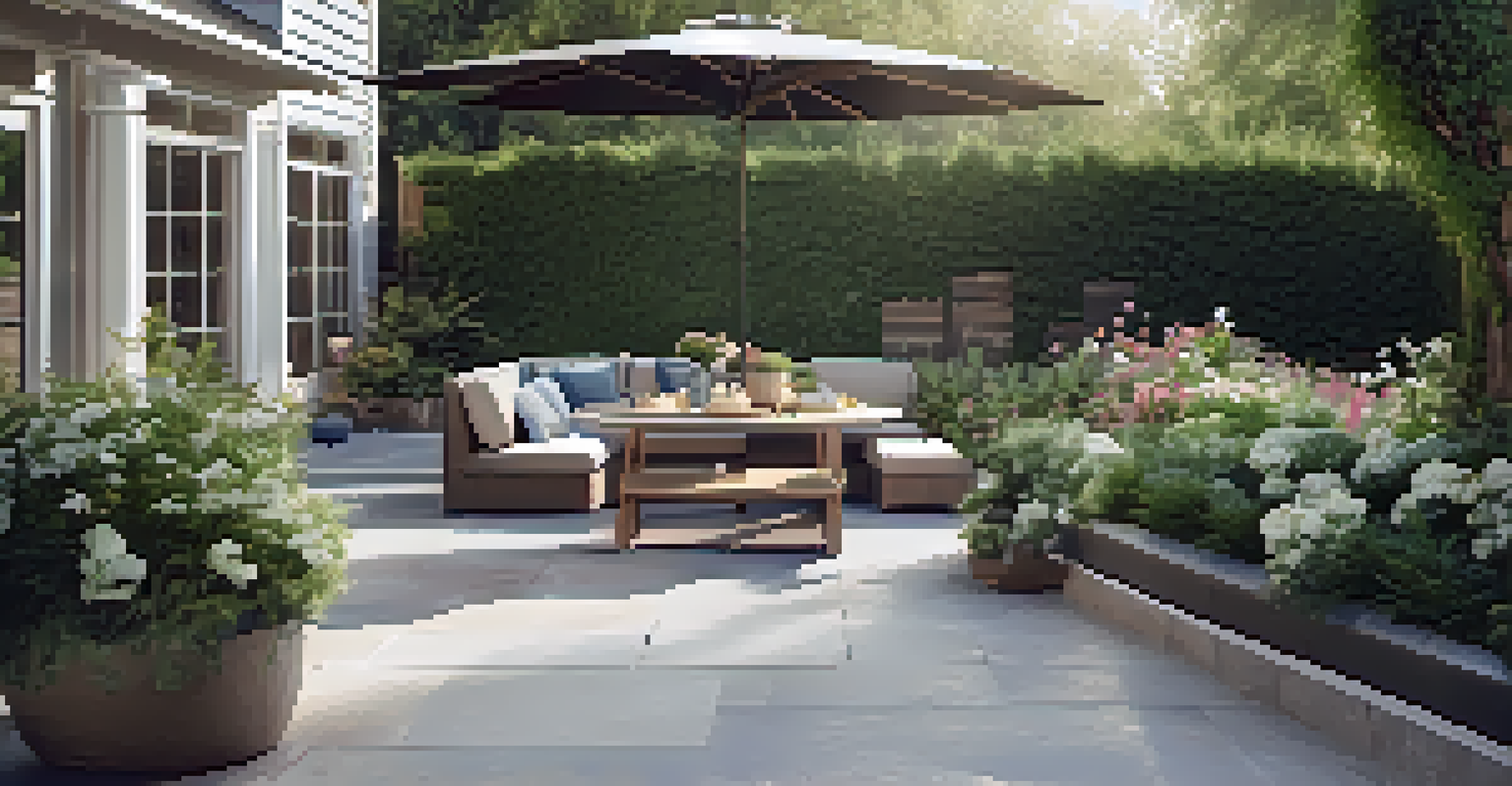 A stylish patio surrounded by greenery, showcasing an eco-friendly hardscape design.