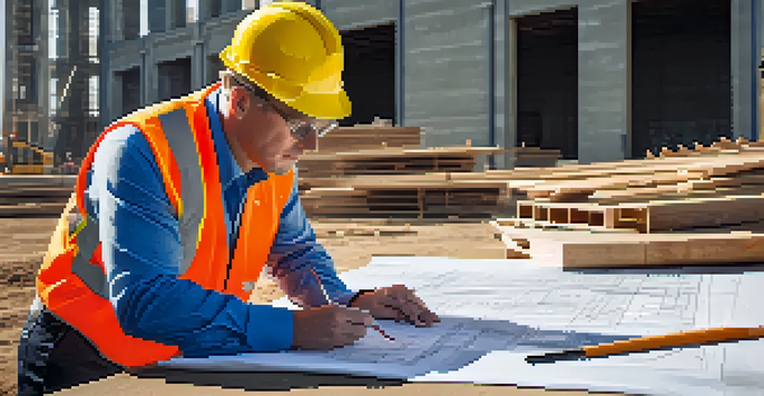 A construction inspector reviewing blueprints on a construction site, with tools and building materials around.