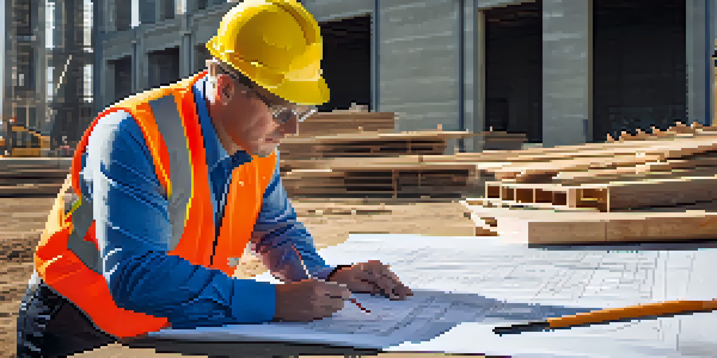 A construction inspector reviewing blueprints on a construction site, with tools and building materials around.
