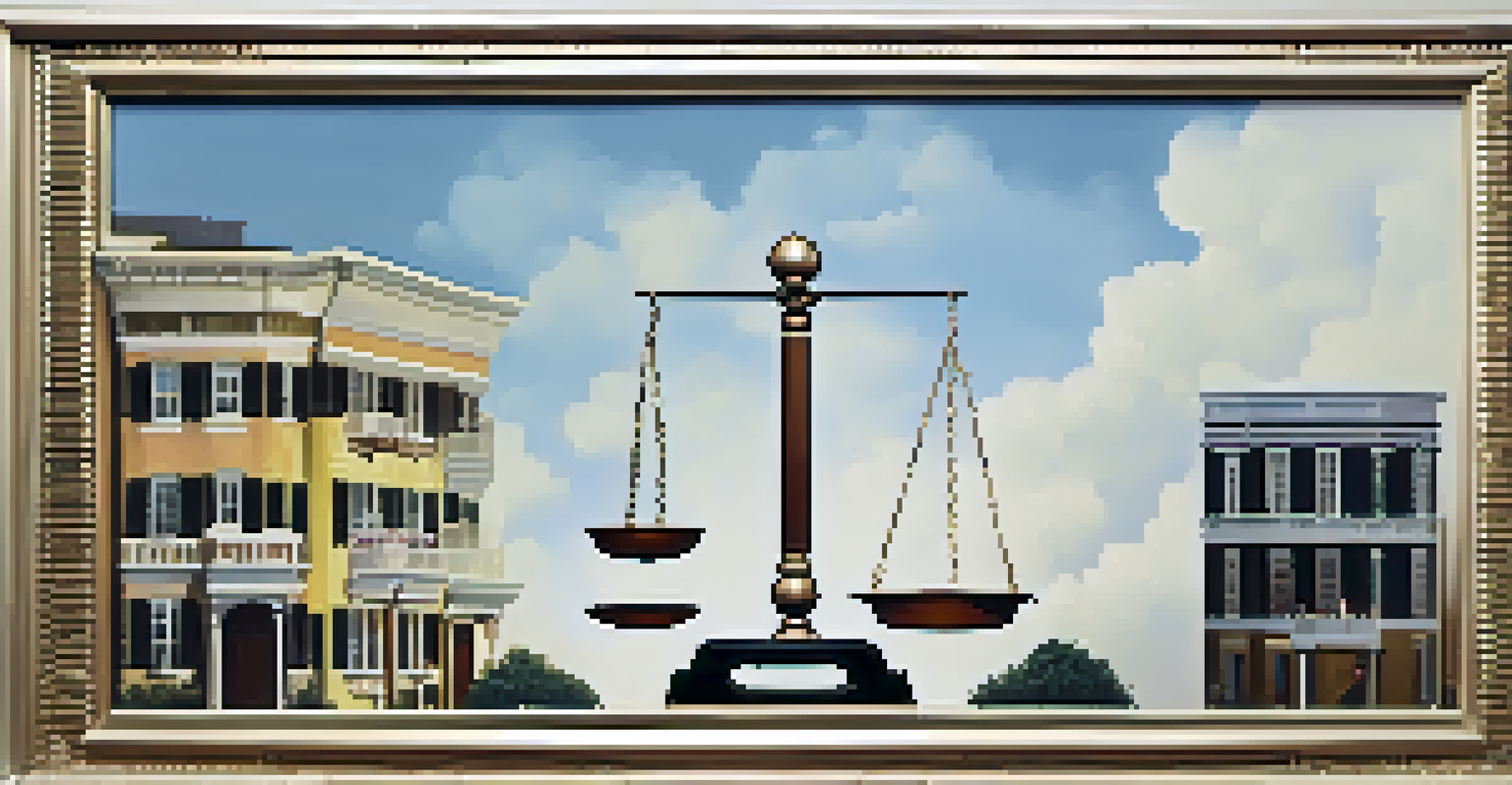 A balanced scale representing 'Buyer' and 'Seller' in a real estate transaction with a market graph in the background.