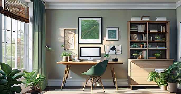 A bright and organized home office with a wooden desk, laptop, notepad, coffee cup, and potted plants by the window.