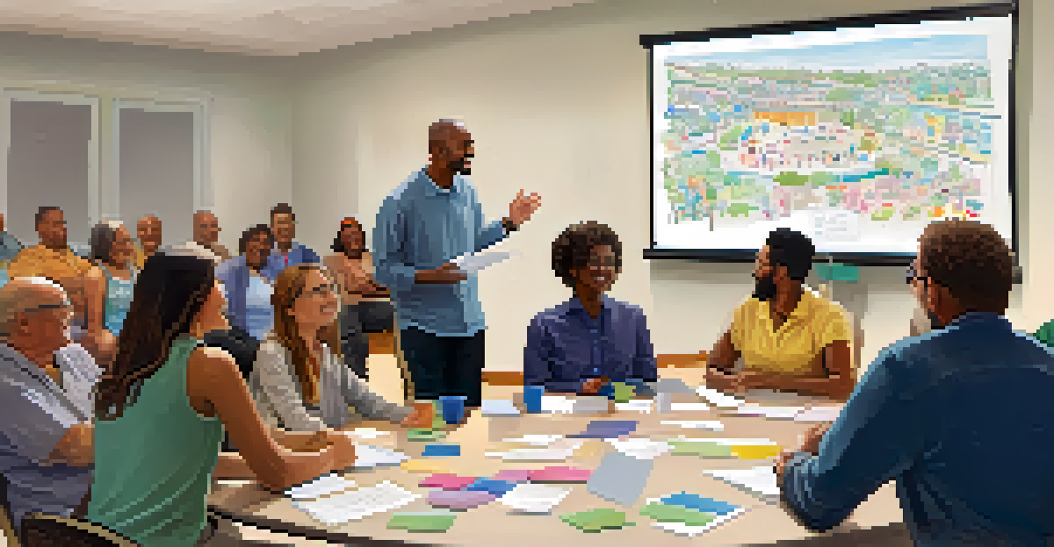 Residents participating in a community meeting, discussing topics with an HOA manager in a bright room.