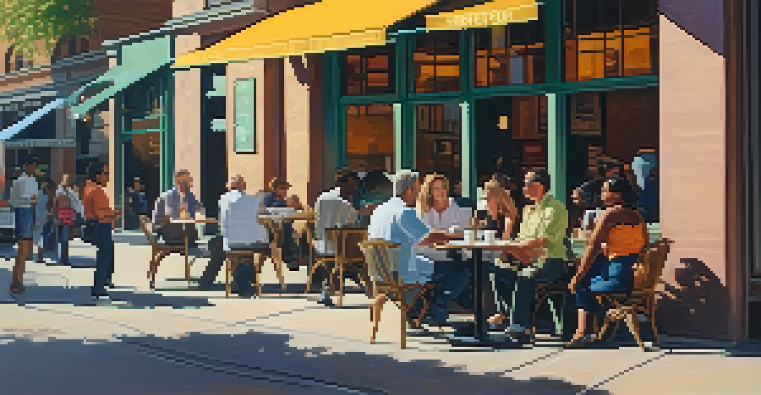 A group of people having a discussion outside a colorful coffee shop in an urban setting, with sunlight casting soft shadows.