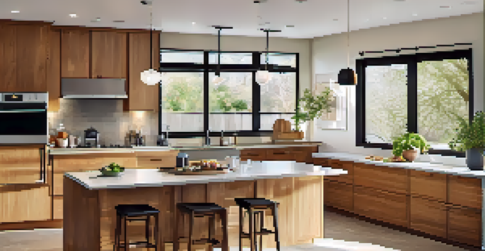 A remodeled kitchen with modern appliances, wooden cabinetry, and a breakfast nook filled with natural light.