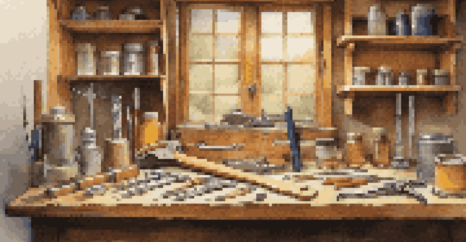 An organized workshop with a claw hammer, screwdrivers, and a tape measure on a wooden workbench, illuminated with warm lighting.