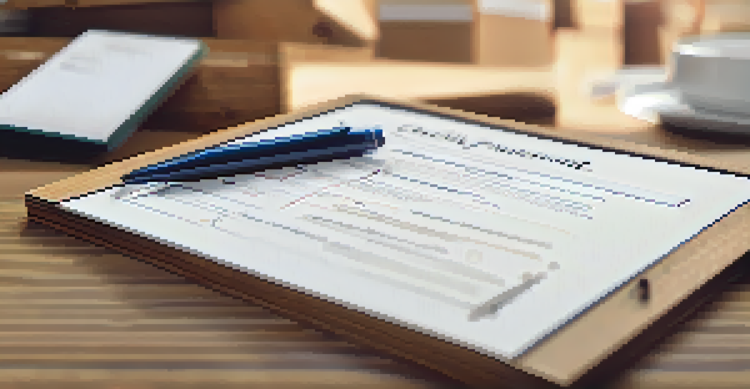 A checklist on a wooden table with a pen, surrounded by blurred moving boxes.