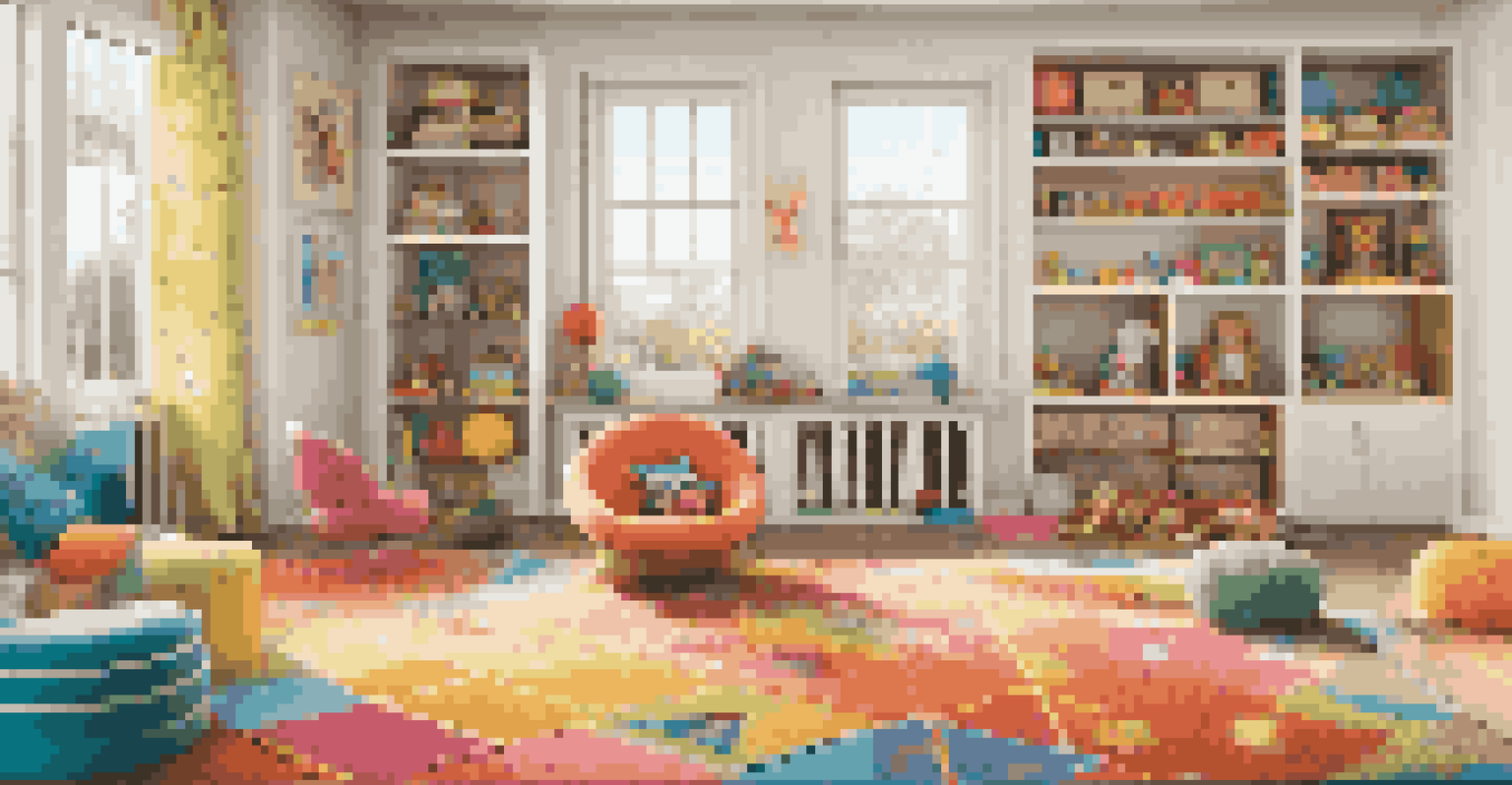 A lively playroom designed for children, featuring colorful rugs, a small bookshelf, and plush seating, promoting a joyful and safe environment.