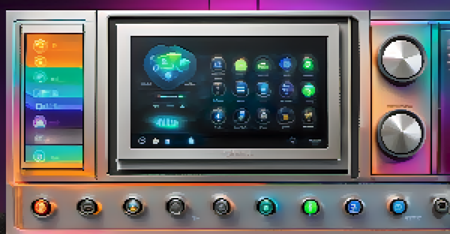 A close-up view of a smart home control panel showing connected devices like lighting, temperature, and security, with a modern design.