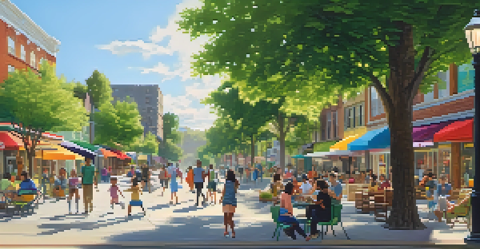 A lively neighborhood with modern shops, parks, and families enjoying outdoor activities in warm sunlight.