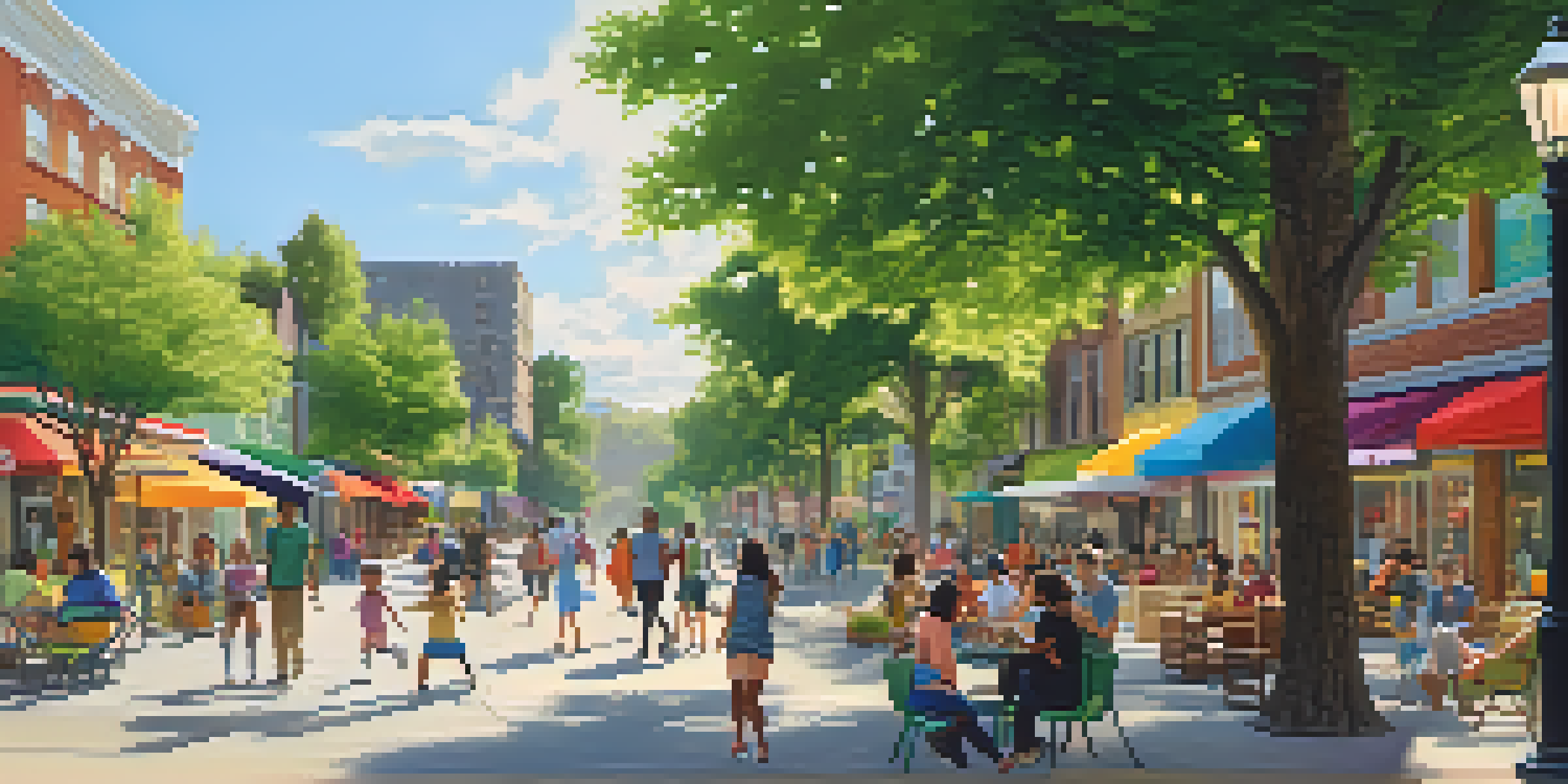 A lively neighborhood with modern shops, parks, and families enjoying outdoor activities in warm sunlight.