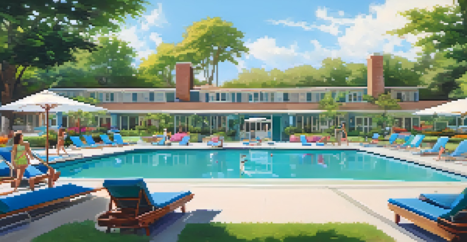 A beautiful community pool area with residents enjoying the space amidst lush greenery and colorful lounge chairs.