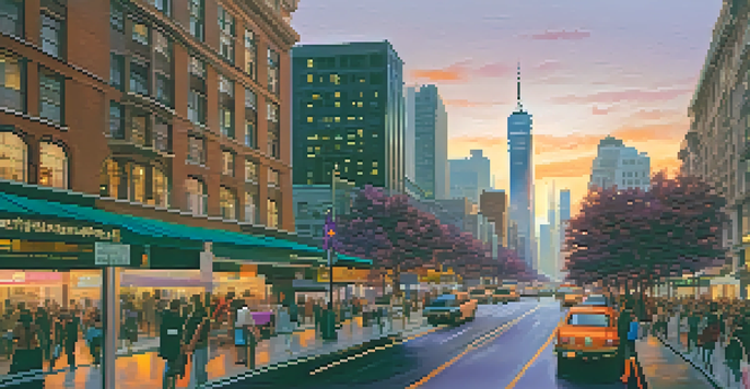 A city skyline during sunset with modern skyscrapers and historic buildings, vibrant colors in the sky, and a busy street below.