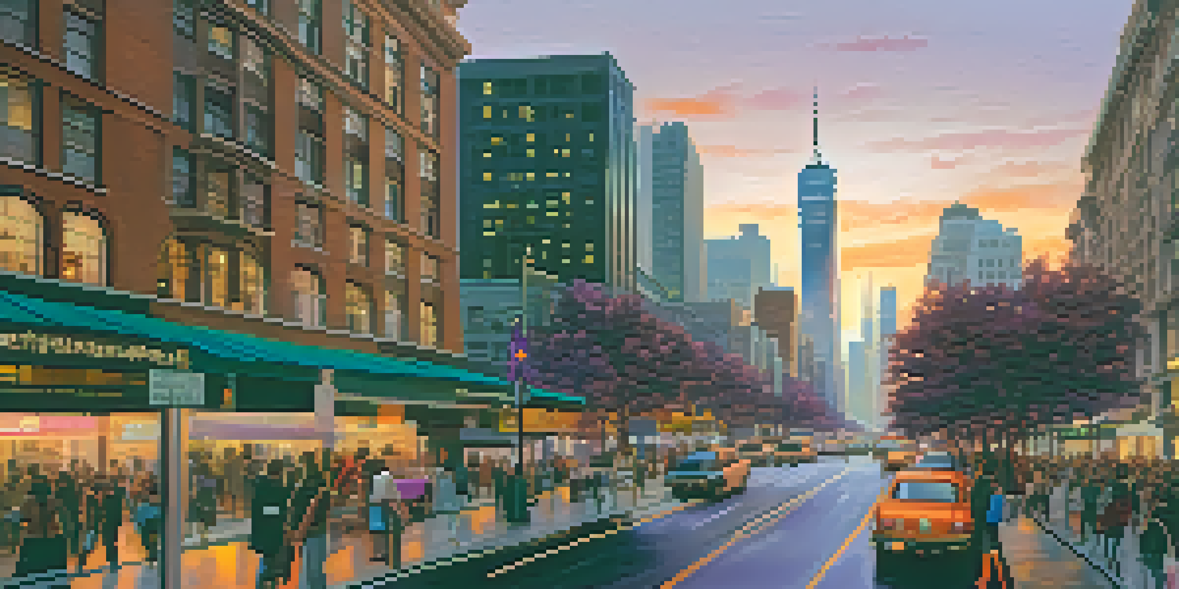 A city skyline during sunset with modern skyscrapers and historic buildings, vibrant colors in the sky, and a busy street below.