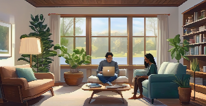 A couple in a cozy living room discussing mortgage options over a laptop, surrounded by plants and books.
