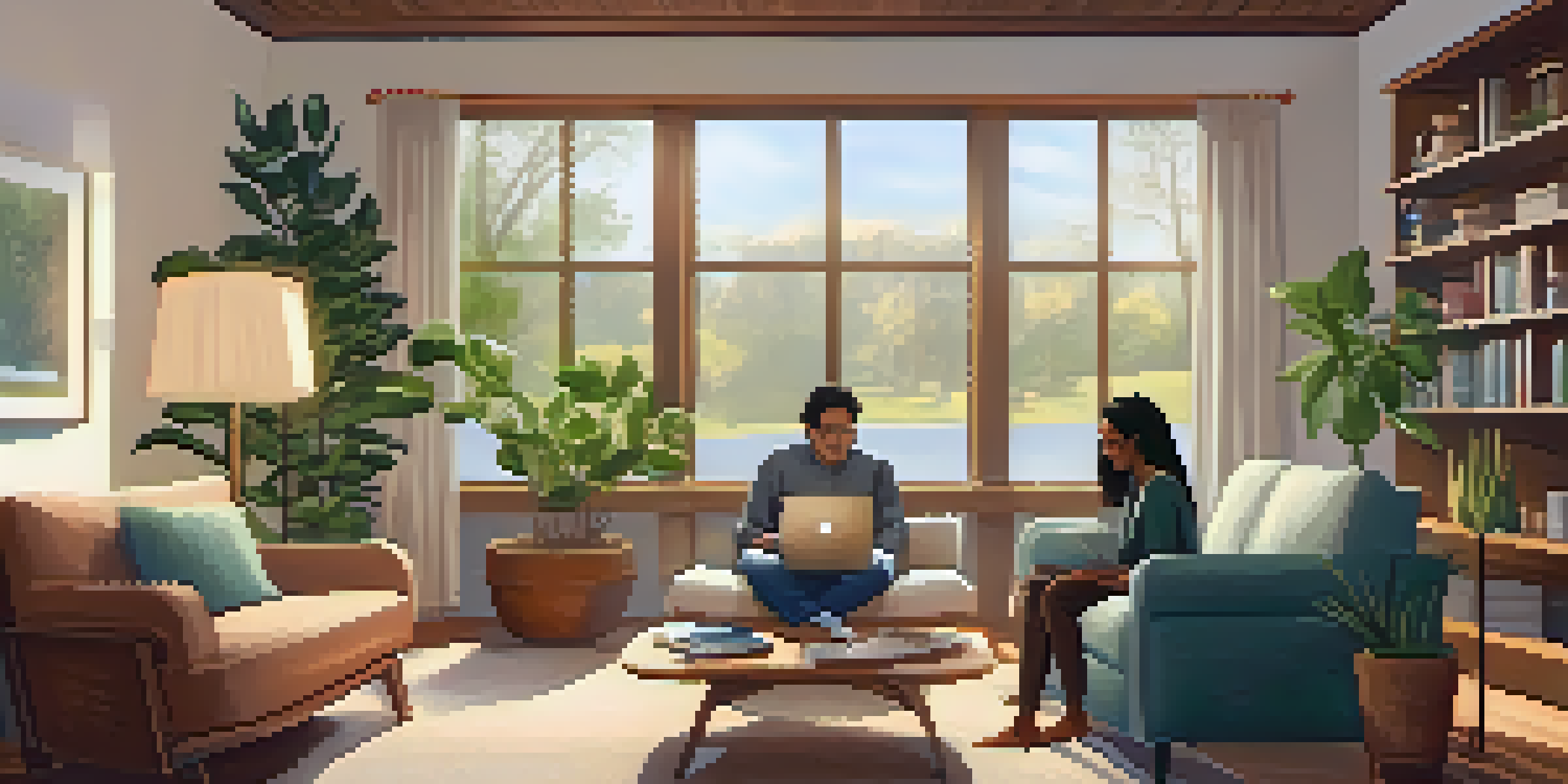 A couple in a cozy living room discussing mortgage options over a laptop, surrounded by plants and books.