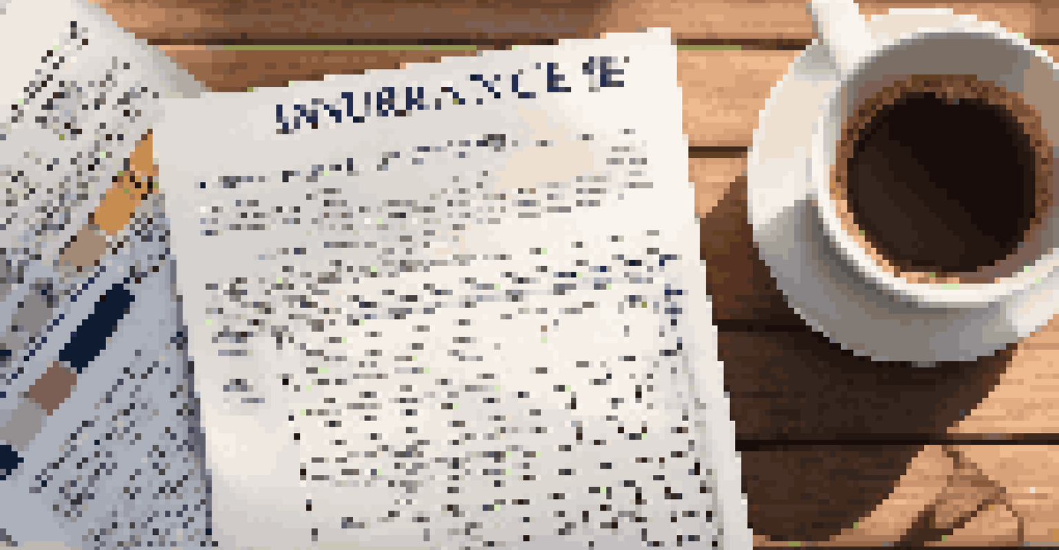 A close-up view of a home insurance policy document on a wooden table, accompanied by a calculator and a cup of coffee, illuminated by soft morning light.