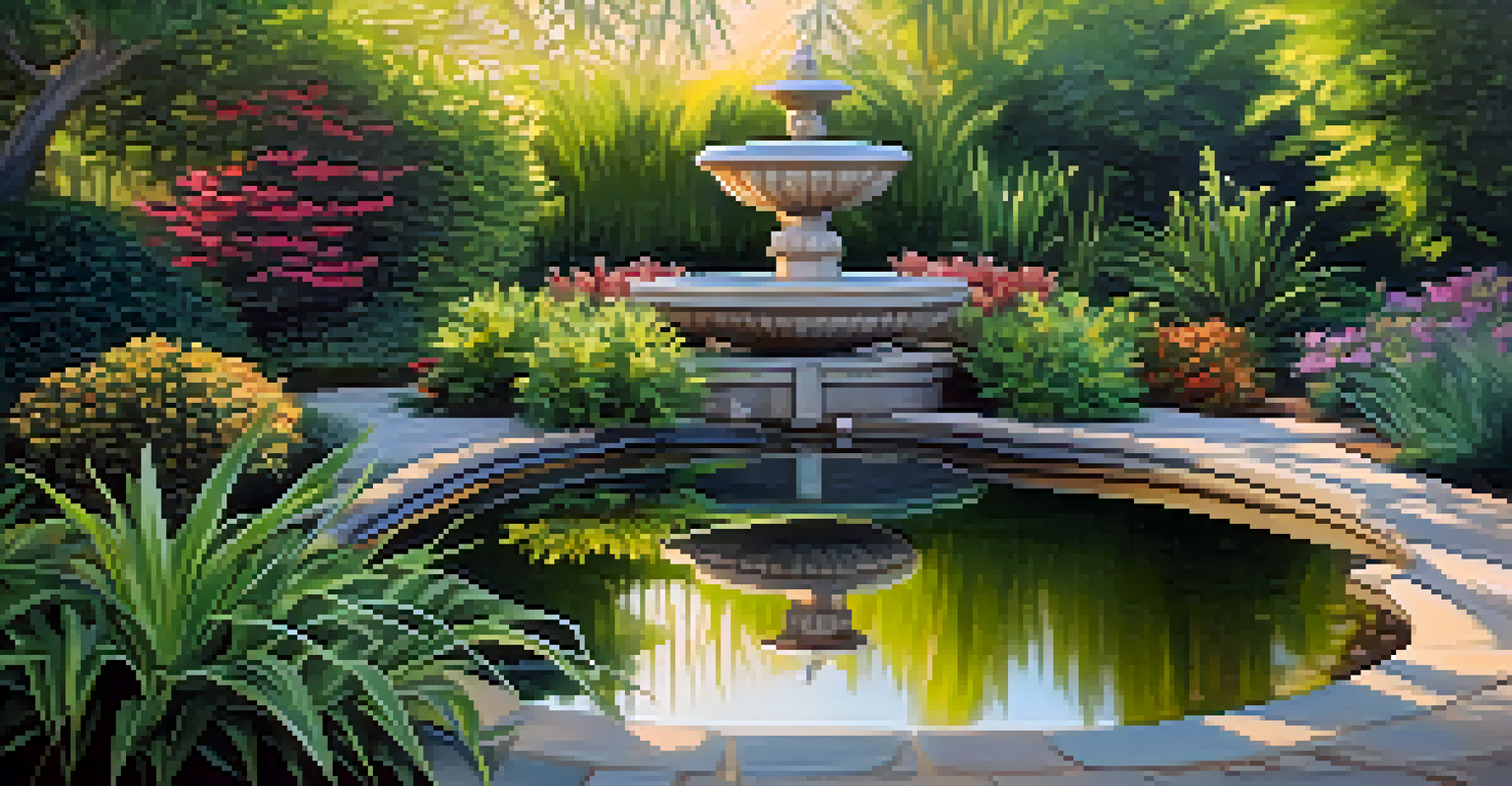 A tranquil garden with a small pond and gentle fountain, surrounded by native plants, with sunlight filtering through the leaves creating a peaceful atmosphere.