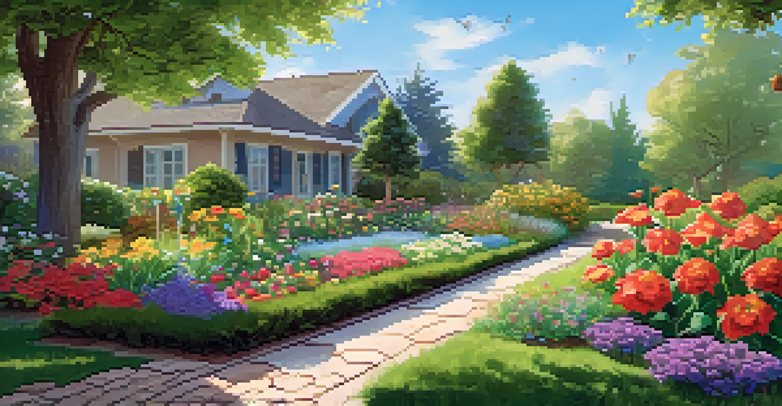 An outdoor garden with a smart irrigation system, showcasing lush greenery and colorful flowers under a sunny sky.