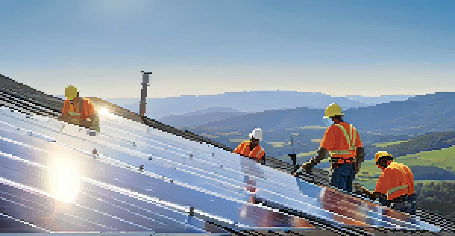 Workers installing solar panels on a roof under a clear blue sky.