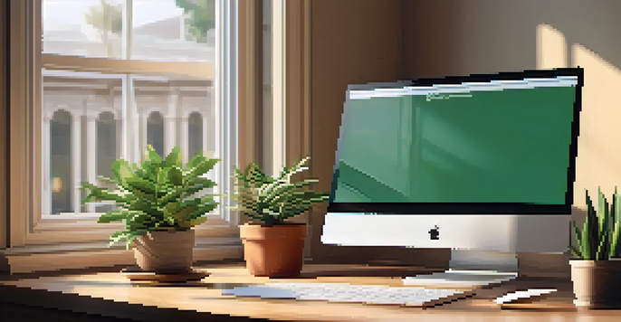 An office desk with a laptop showing a digital arbitration agreement, surrounded by a potted plant and illuminated by soft natural light.