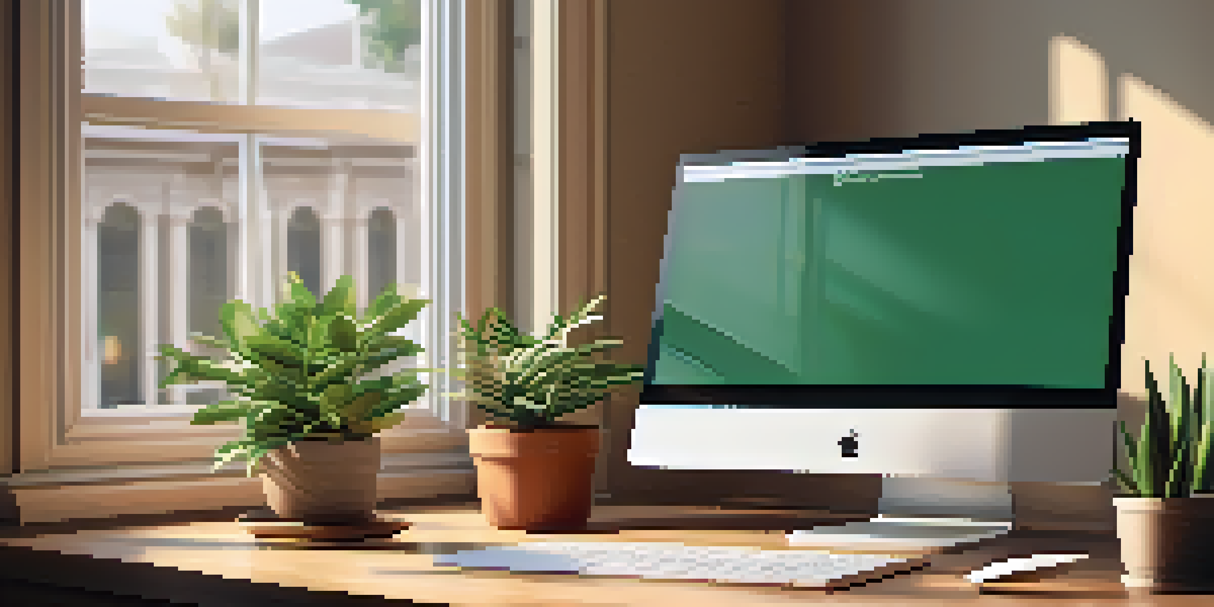 An office desk with a laptop showing a digital arbitration agreement, surrounded by a potted plant and illuminated by soft natural light.