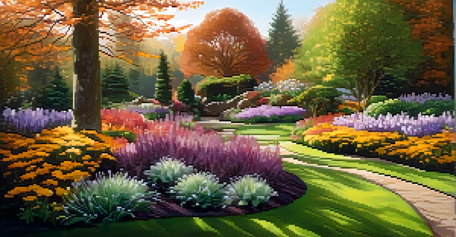 A garden showcasing seasonal changes from spring flowers to autumn foliage.