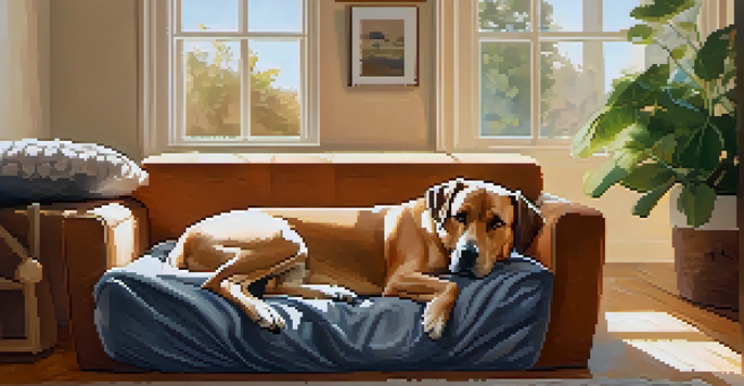 A large dog resting in a cozy living room, with sunlight streaming through a window and soft furnishings.