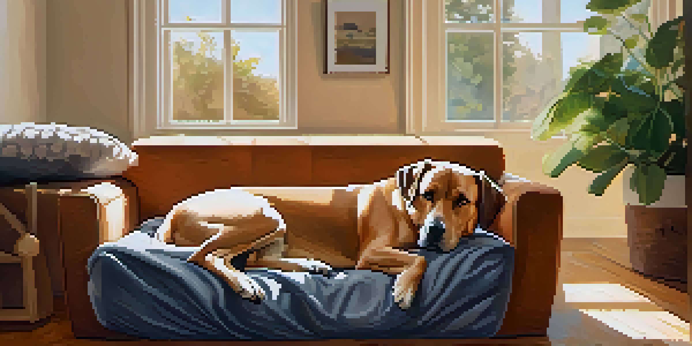 A large dog resting in a cozy living room, with sunlight streaming through a window and soft furnishings.