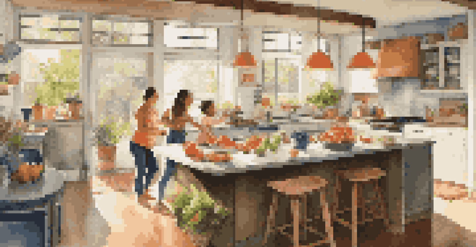 A lively kitchen with family members cooking together, filled with sunlight and fresh produce.
