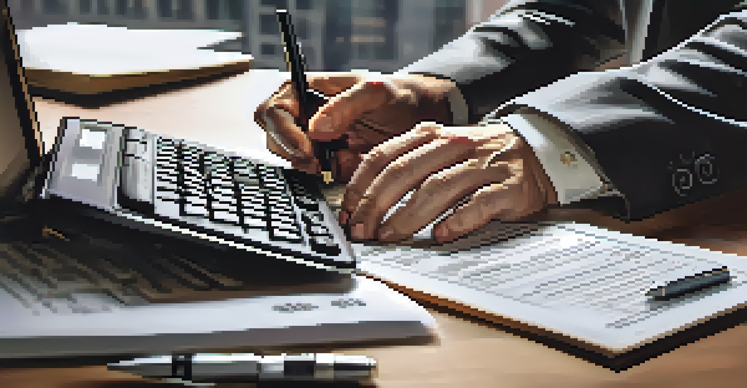 A close-up of hands holding a calculator and tax documents on a desk, with a laptop showing financial graphs in the background.