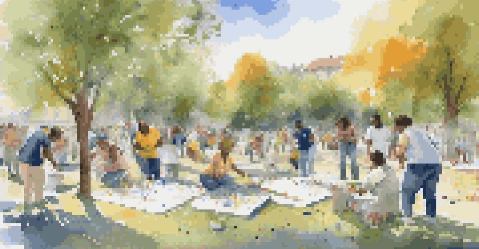 A community art workshop in a park, with diverse people painting a large canvas, surrounded by paint splatters and a clear blue sky.