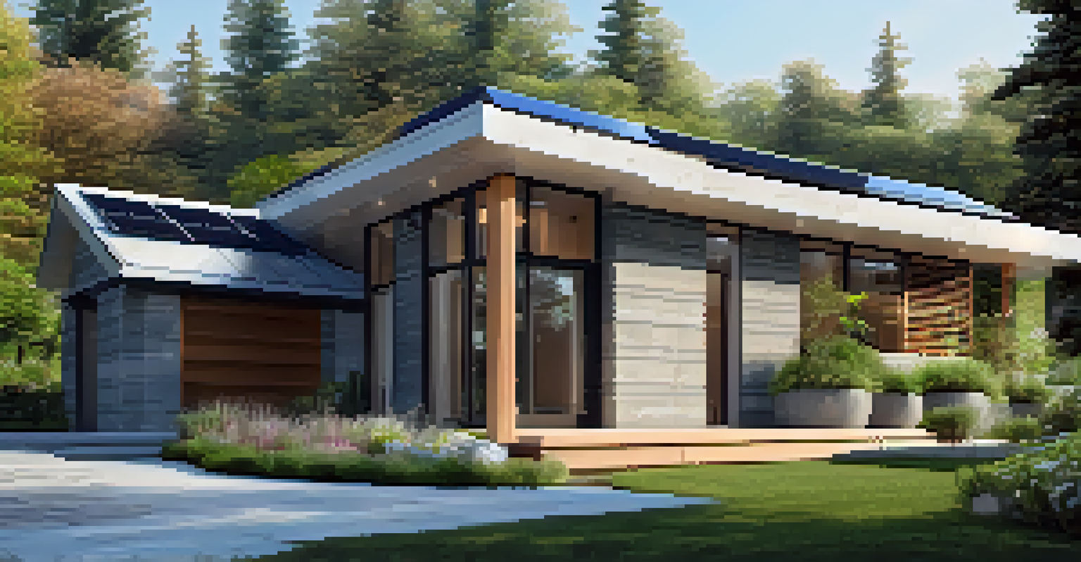 A modern eco-friendly home with natural stone and fiber-cement siding, surrounded by greenery and a garden.