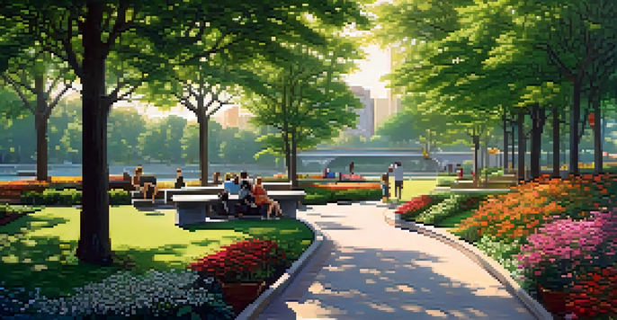 A peaceful urban park with green trees, colorful flowers, and a pond, with people walking and enjoying the scenery, set against a city skyline.