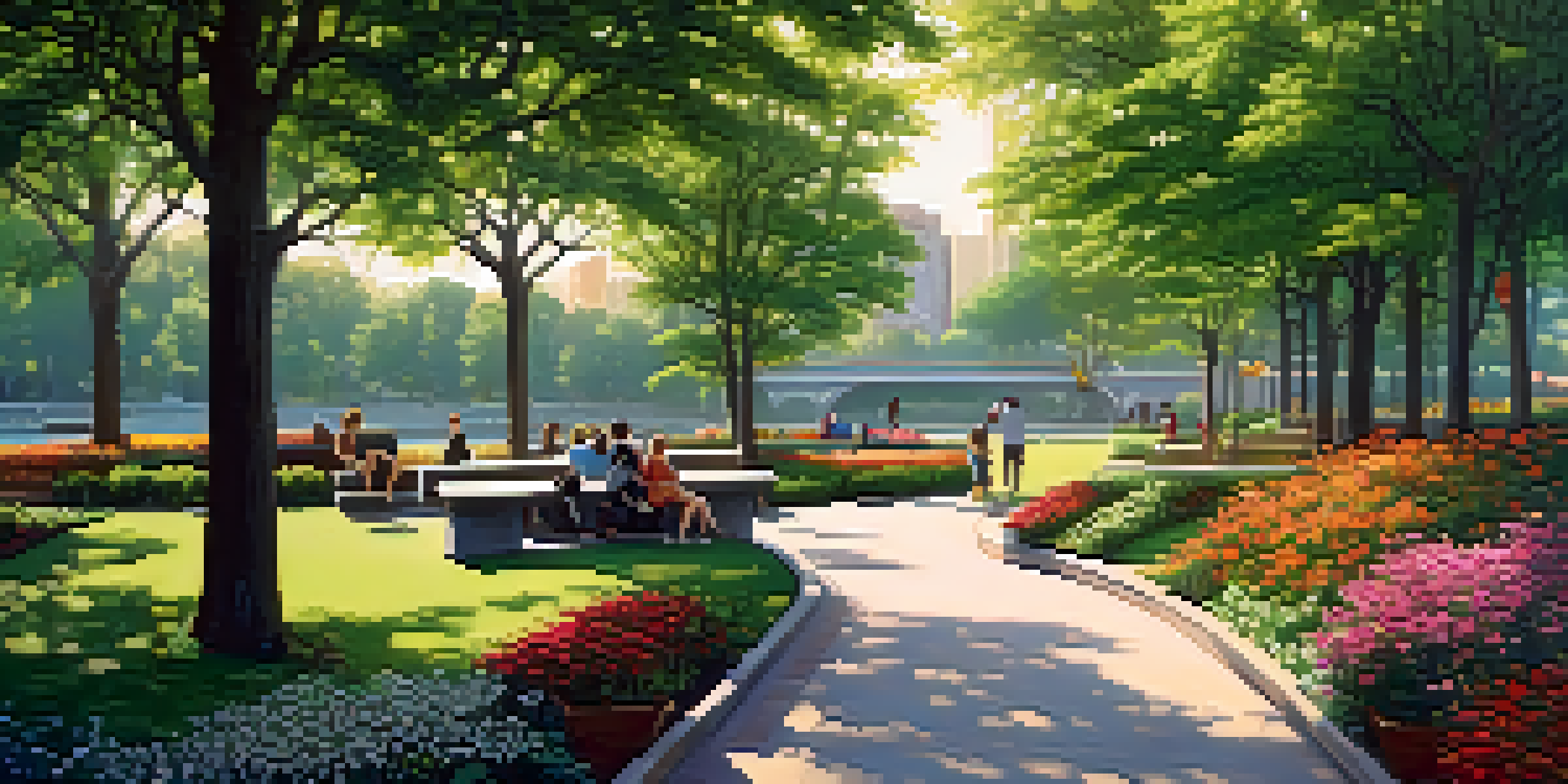 A peaceful urban park with green trees, colorful flowers, and a pond, with people walking and enjoying the scenery, set against a city skyline.