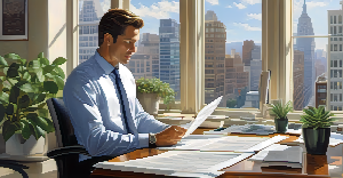 A real estate agent at a desk with a laptop and title search report in a well-lit office.