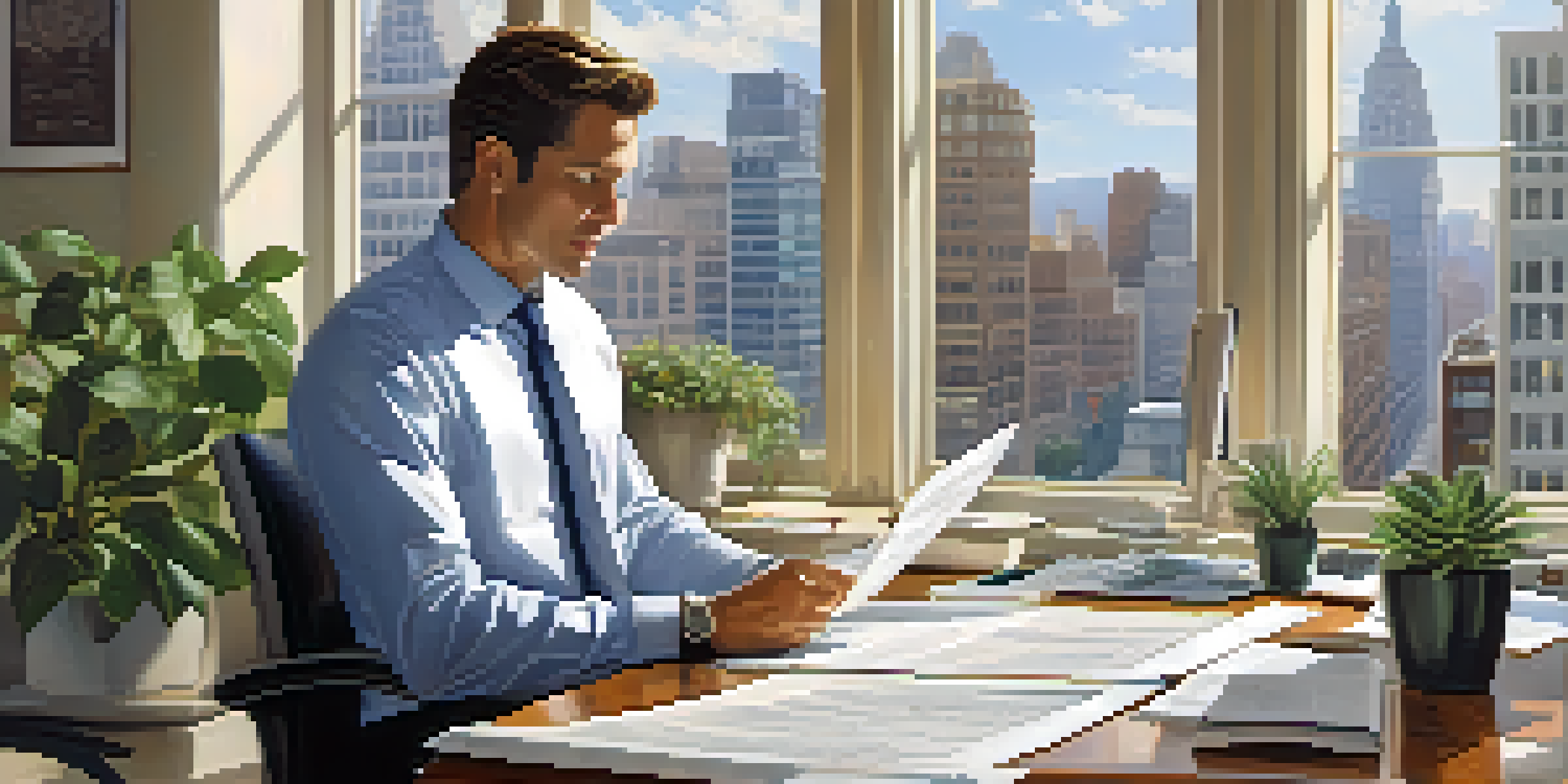 A real estate agent at a desk with a laptop and title search report in a well-lit office.