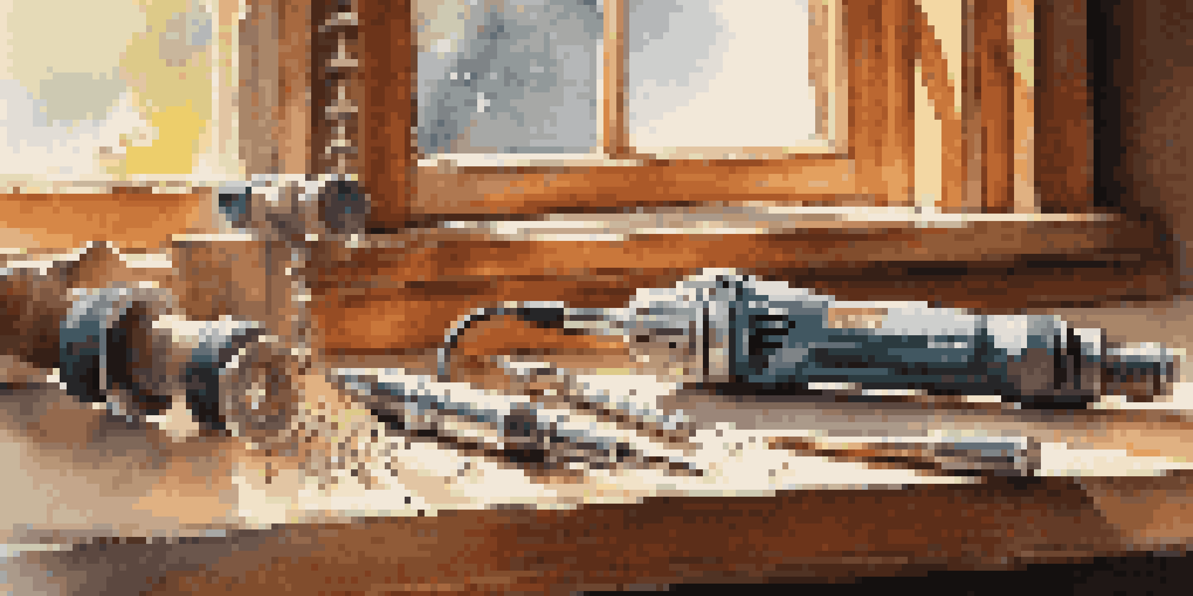 A cordless drill on a wooden workbench with drill bits and tools, illuminated by warm sunlight.