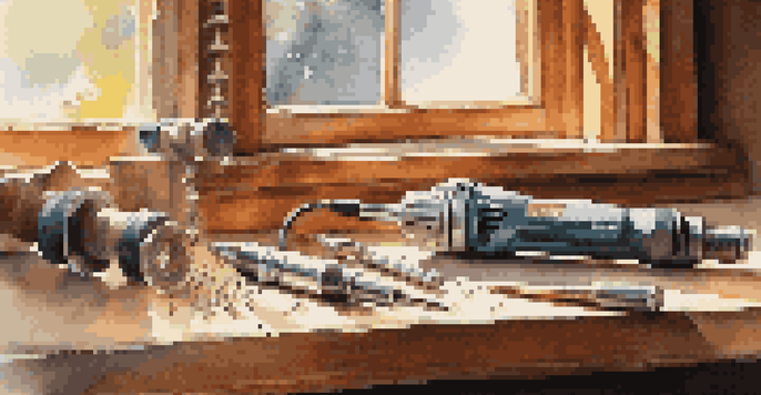 A cordless drill on a wooden workbench with drill bits and tools, illuminated by warm sunlight.