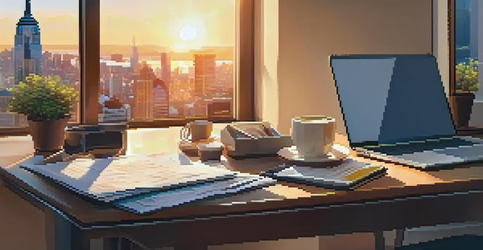A desk with a laptop, financial documents, and a cup of coffee, with a view of a city skyline at sunset.